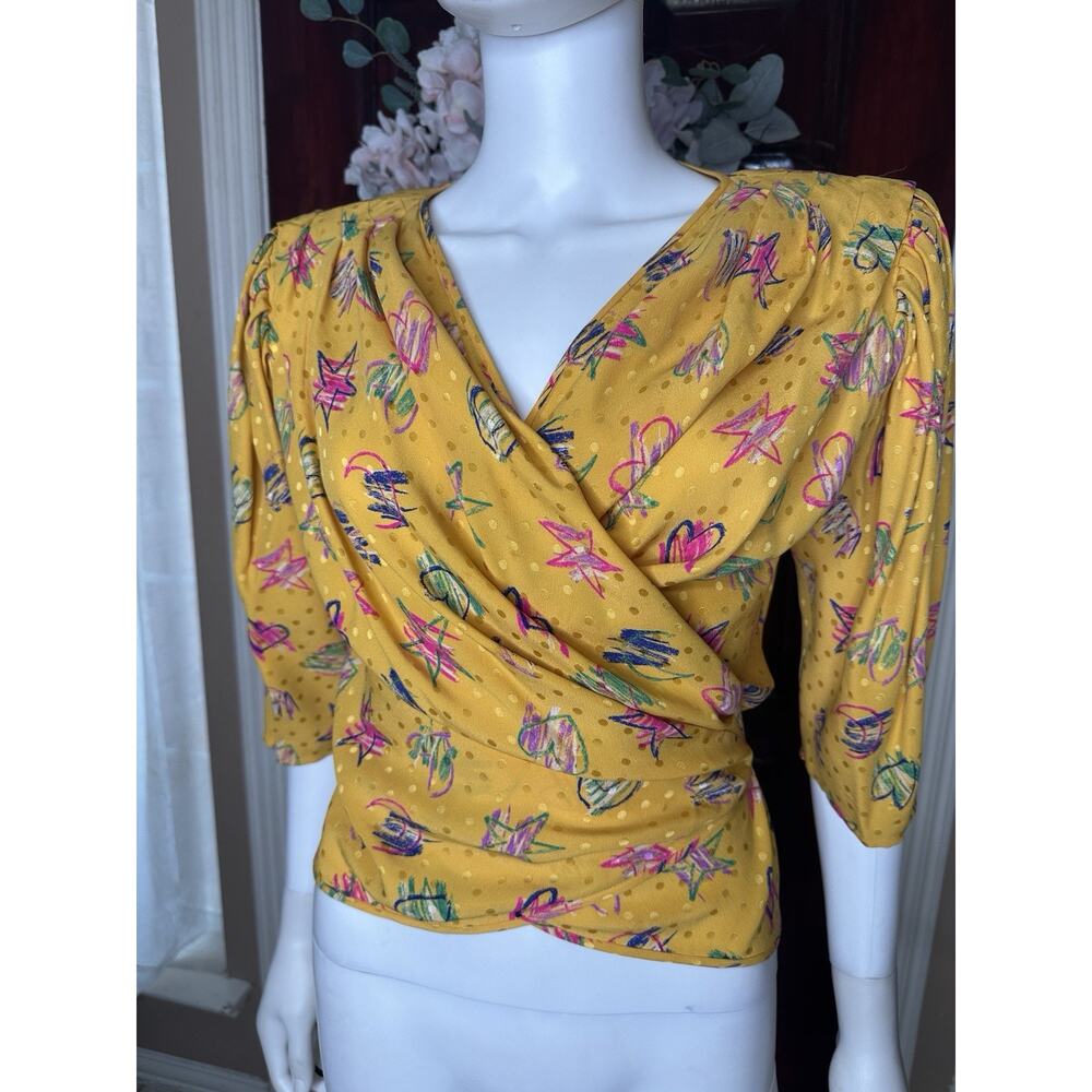 Vtg EMANUEL UNGARO Parallele Paris Star Heart Moon Wrap Blouse Italy Yellow L